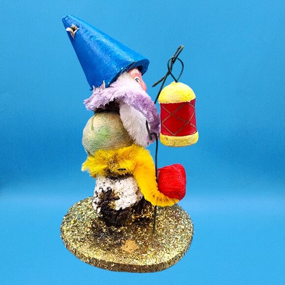 Vintage 1950s Putz Gnome Lantern Ornament Japan Elf Blue Hat Chenille Holiday - Picture 7 of 10